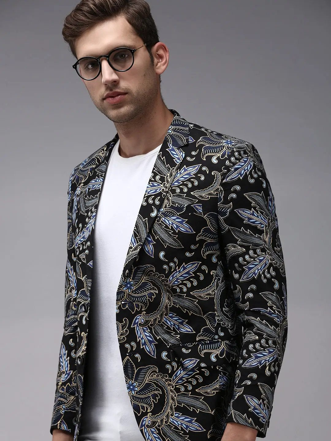 Men's Black Printed Single Breasted Blazers
