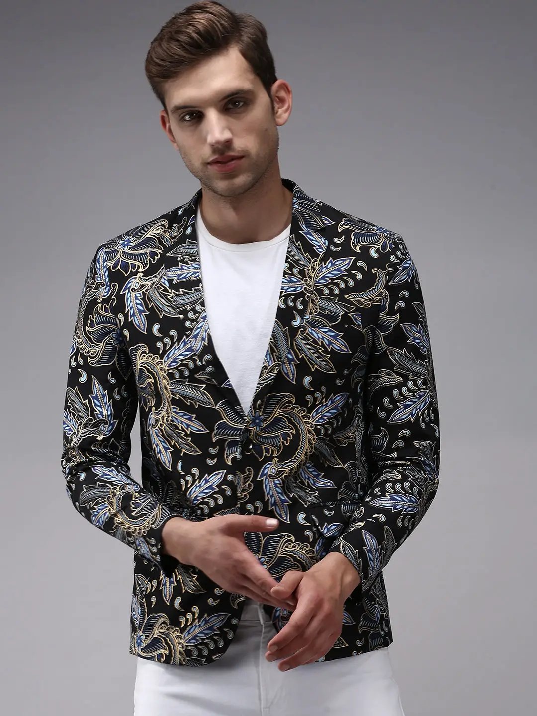 Men's Black Printed Single Breasted Blazers