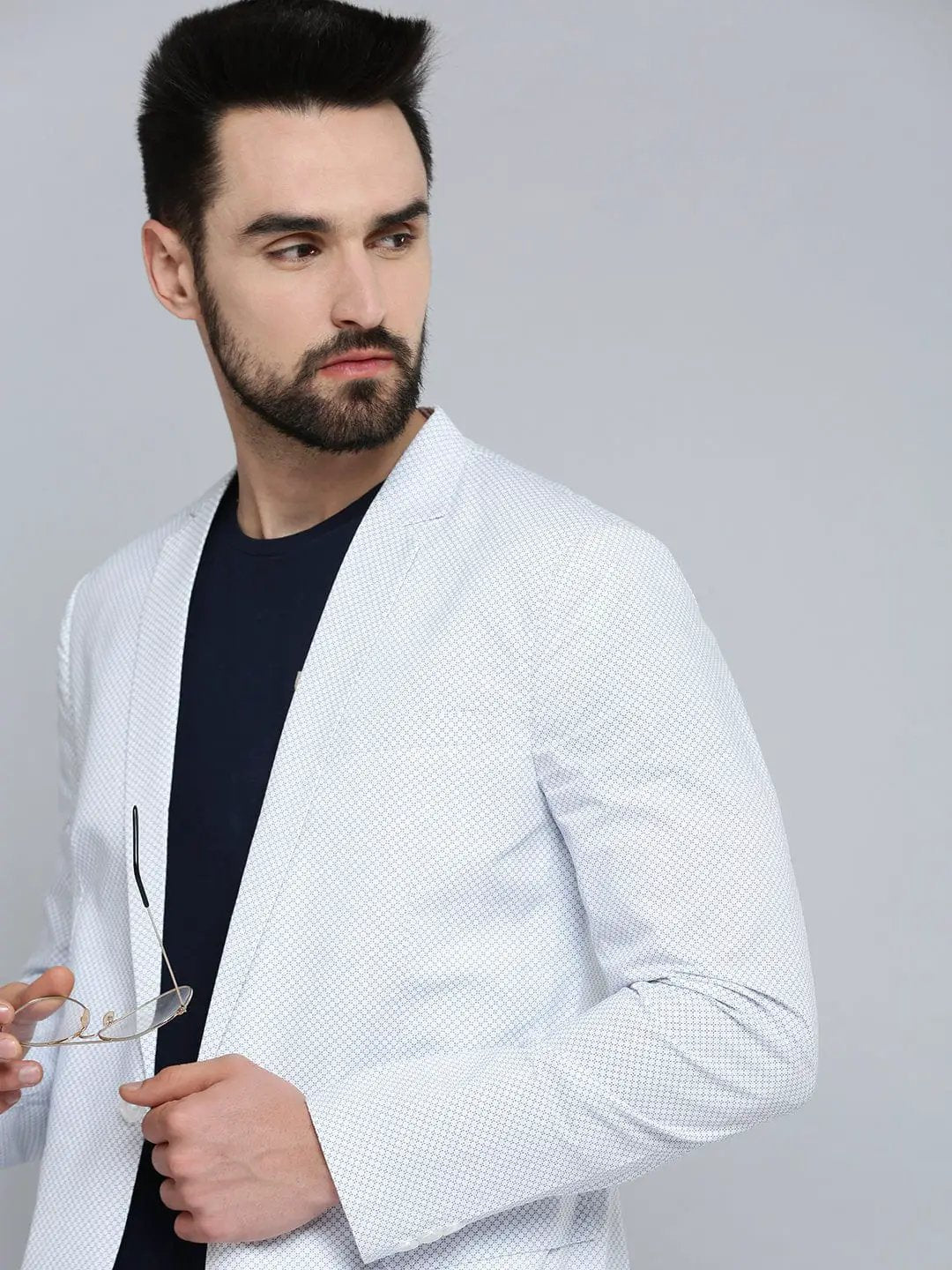 Men's Mandarin Collar Printed White Blazer