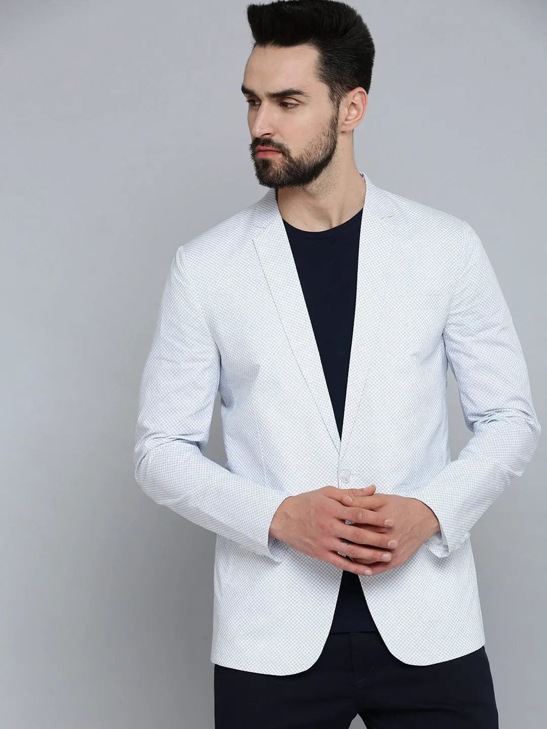 Men's Mandarin Collar Printed White Blazer