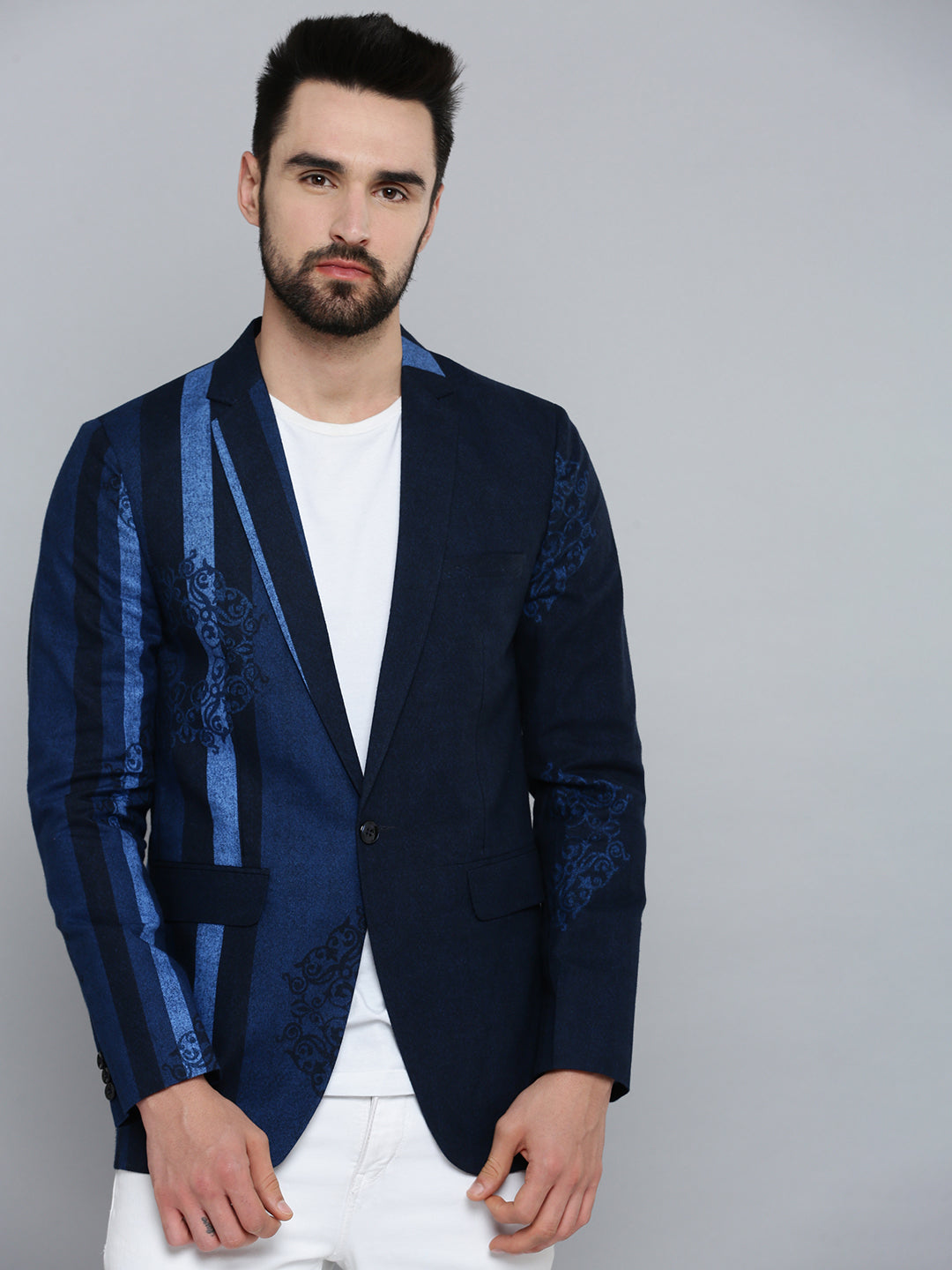 Men's Navy Blue Printed Single-Breasted Blazer