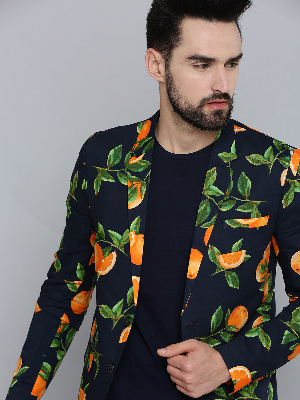 Men's Navy Blue Printed Single Breasted Blazers