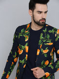Men's Navy Blue Printed Single Breasted Blazers