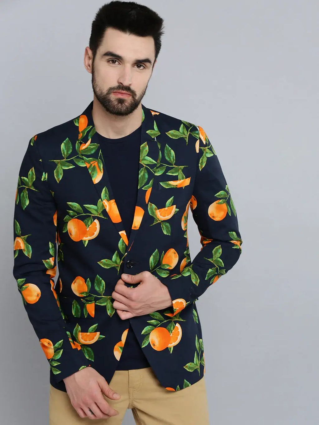 Men's Navy Blue Printed Single Breasted Blazers