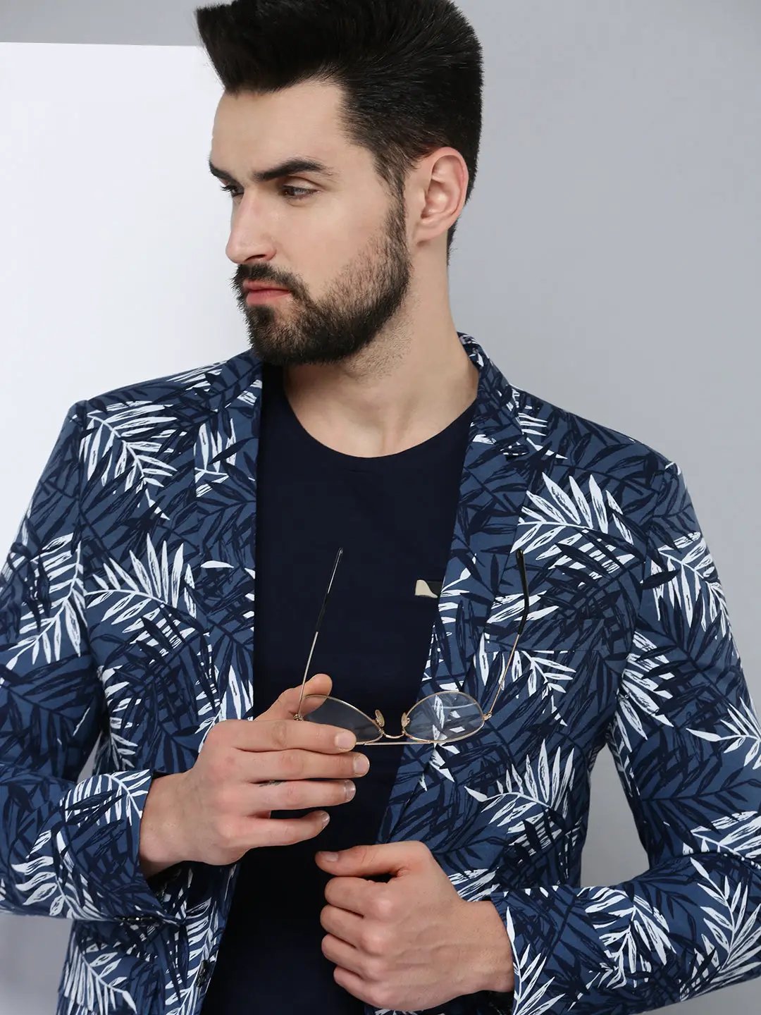 Men's Navy Blue Printed Blazer