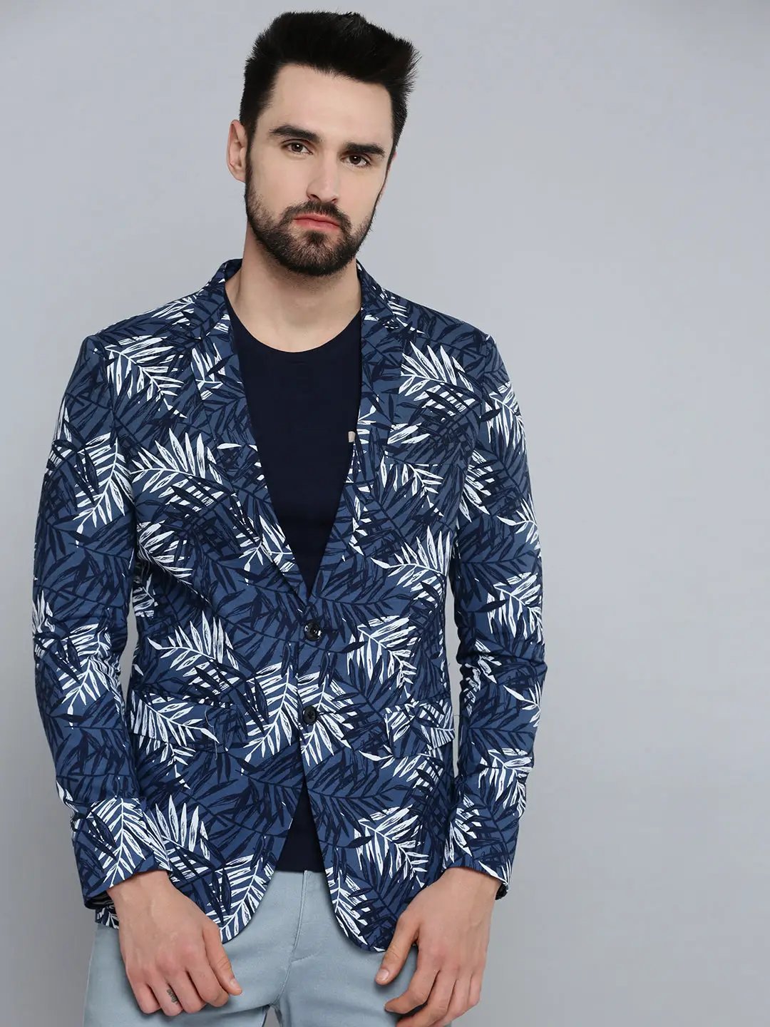 Men's Navy Blue Printed Blazer