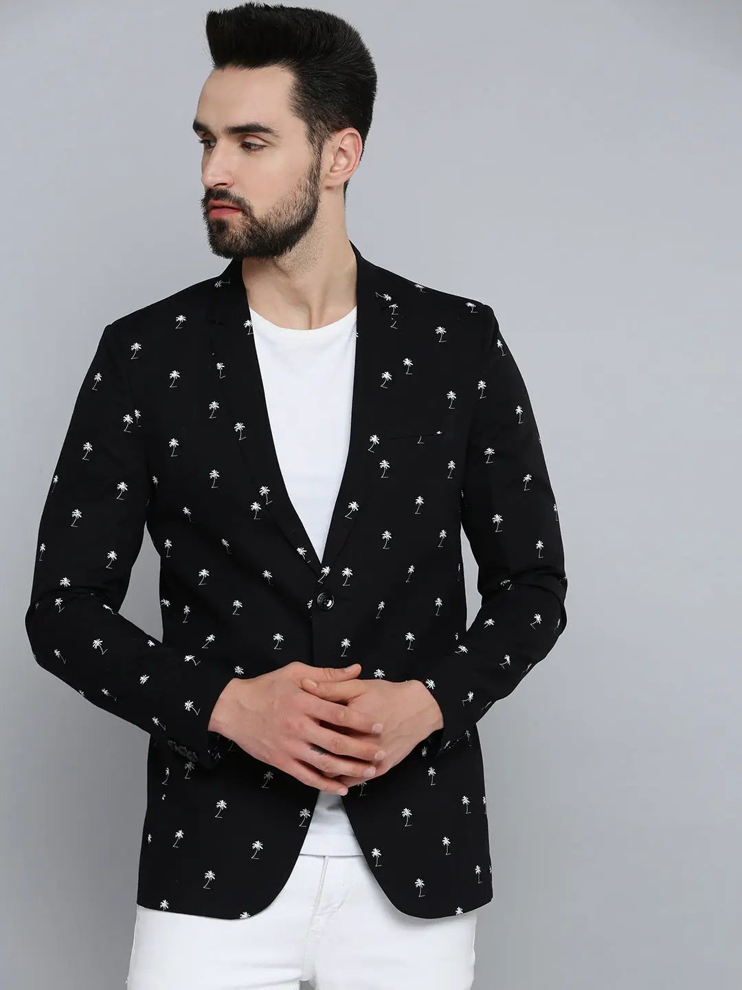Men's Black Printed Single-Breasted Party Blazers