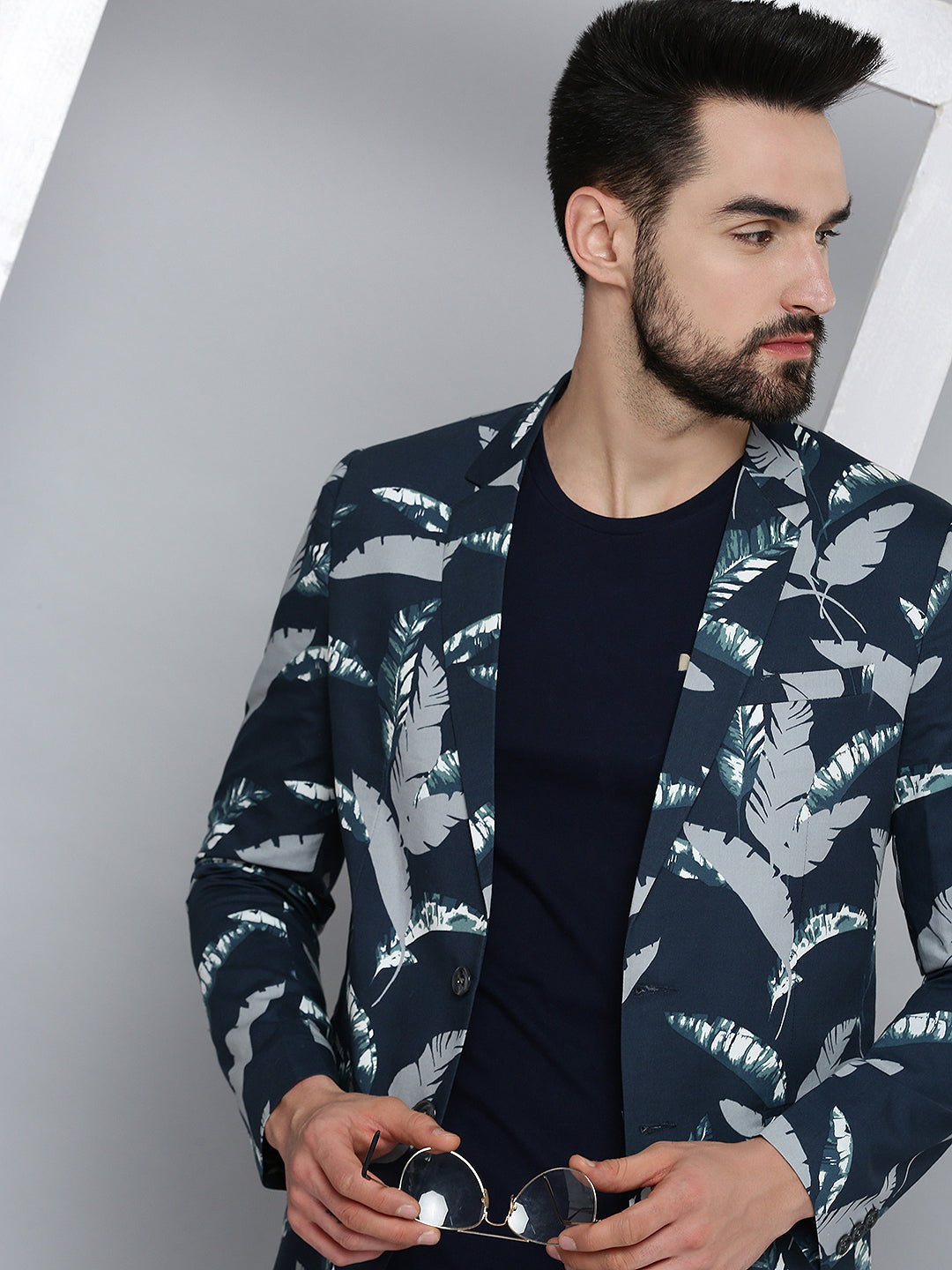 Men's Navy Blue Printed Single Breasted Blazers