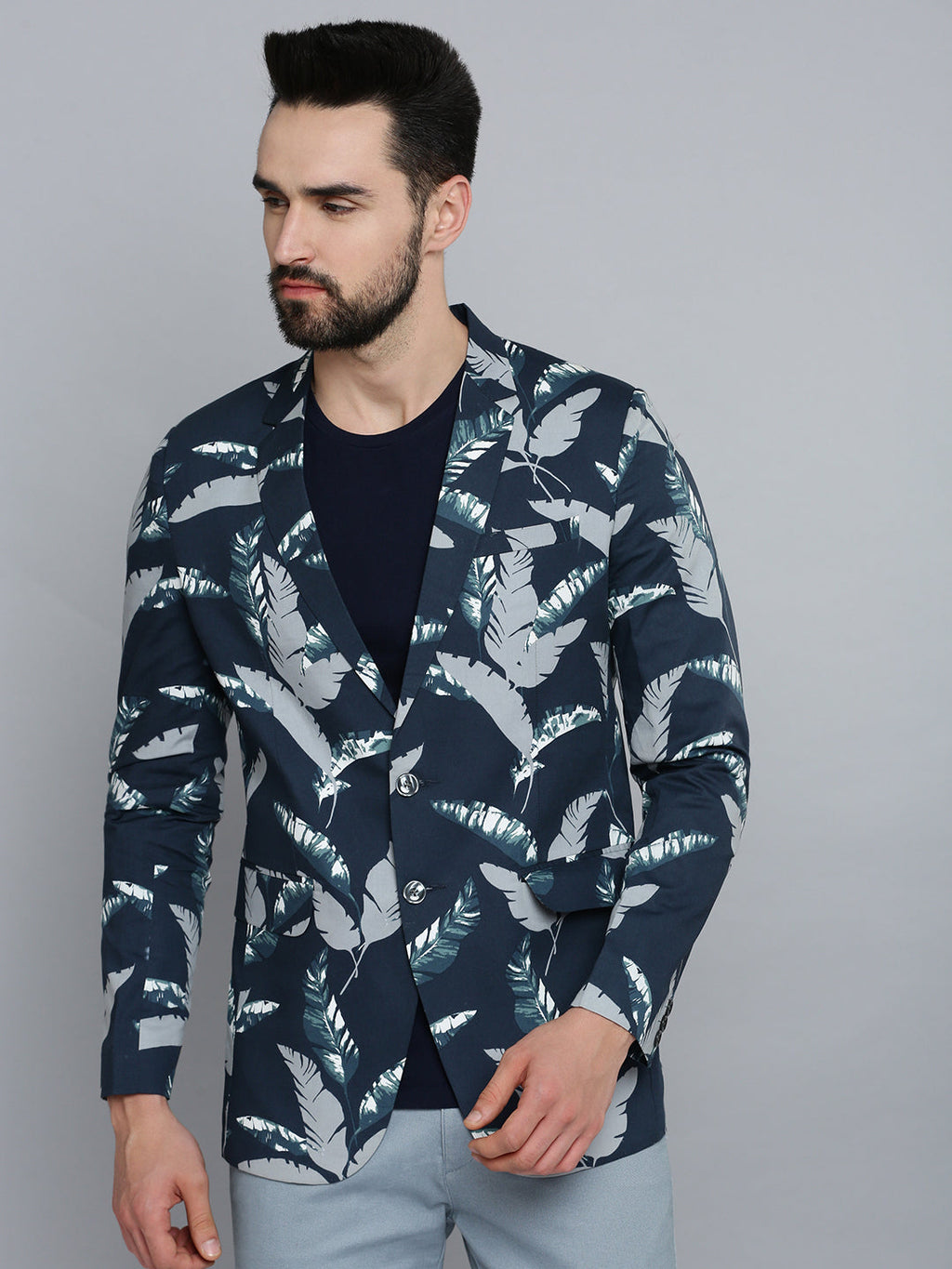 Men's Navy Blue Printed Single Breasted Blazers