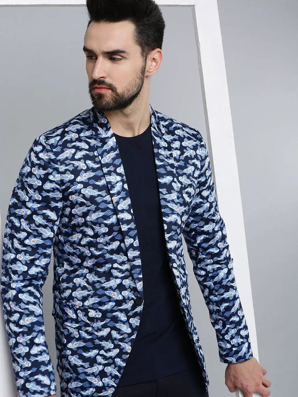 Men's Navy Blue Printed Single Breasted Blazers