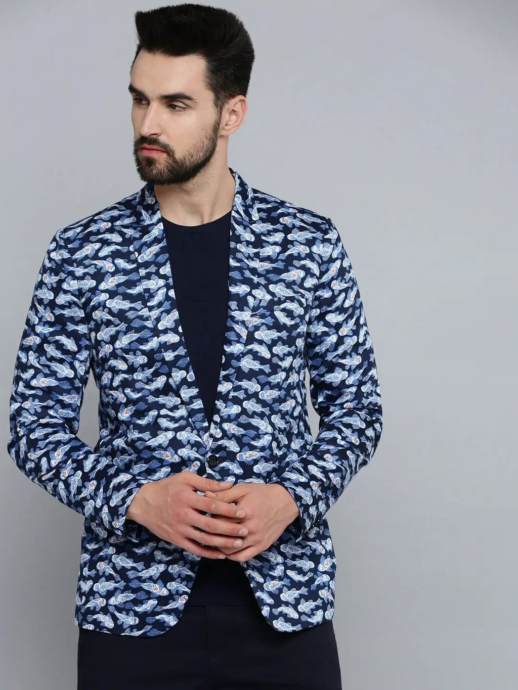 Men's Navy Blue Printed Single Breasted Blazers