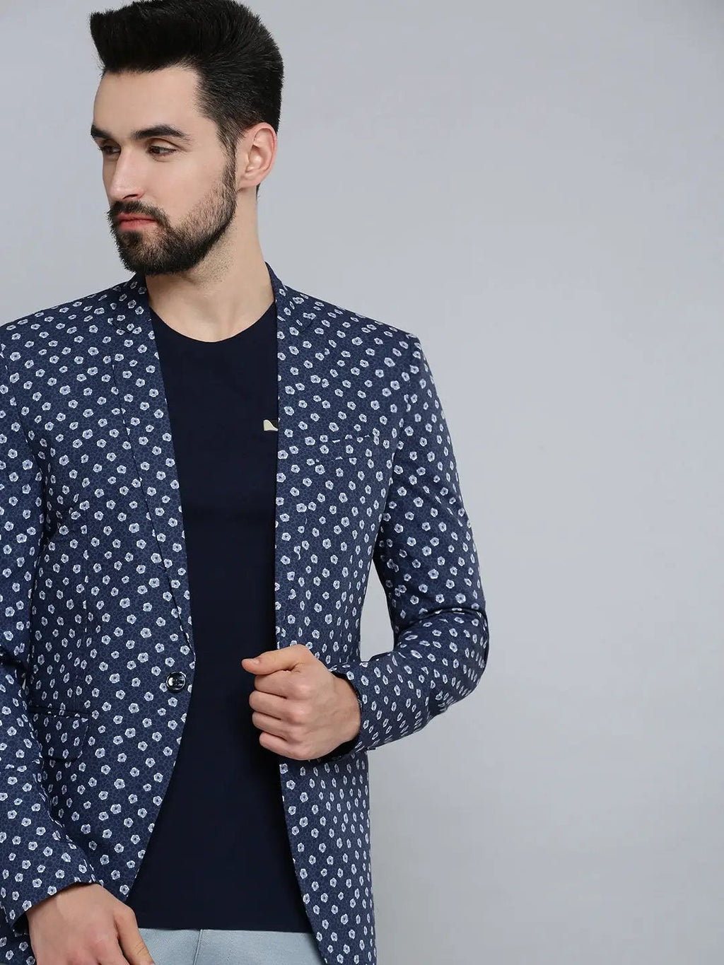 Men's Navy Blue Printed Single Breasted Blazers