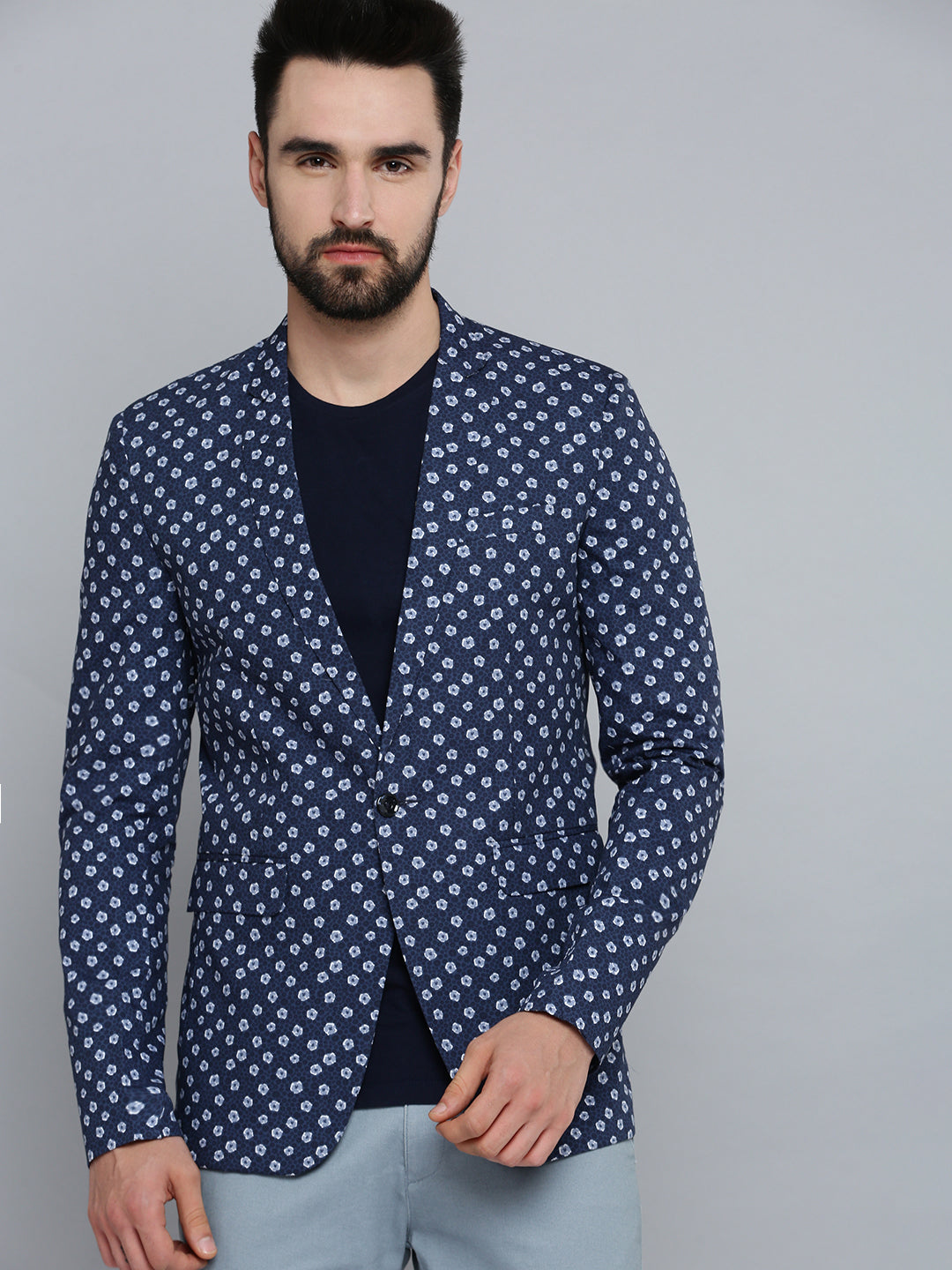 Men's Navy Blue Printed Single Breasted Blazers