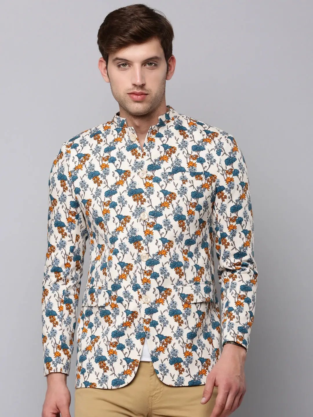 Men's Cream Printed Slim-Fit Bandhgala Blazer