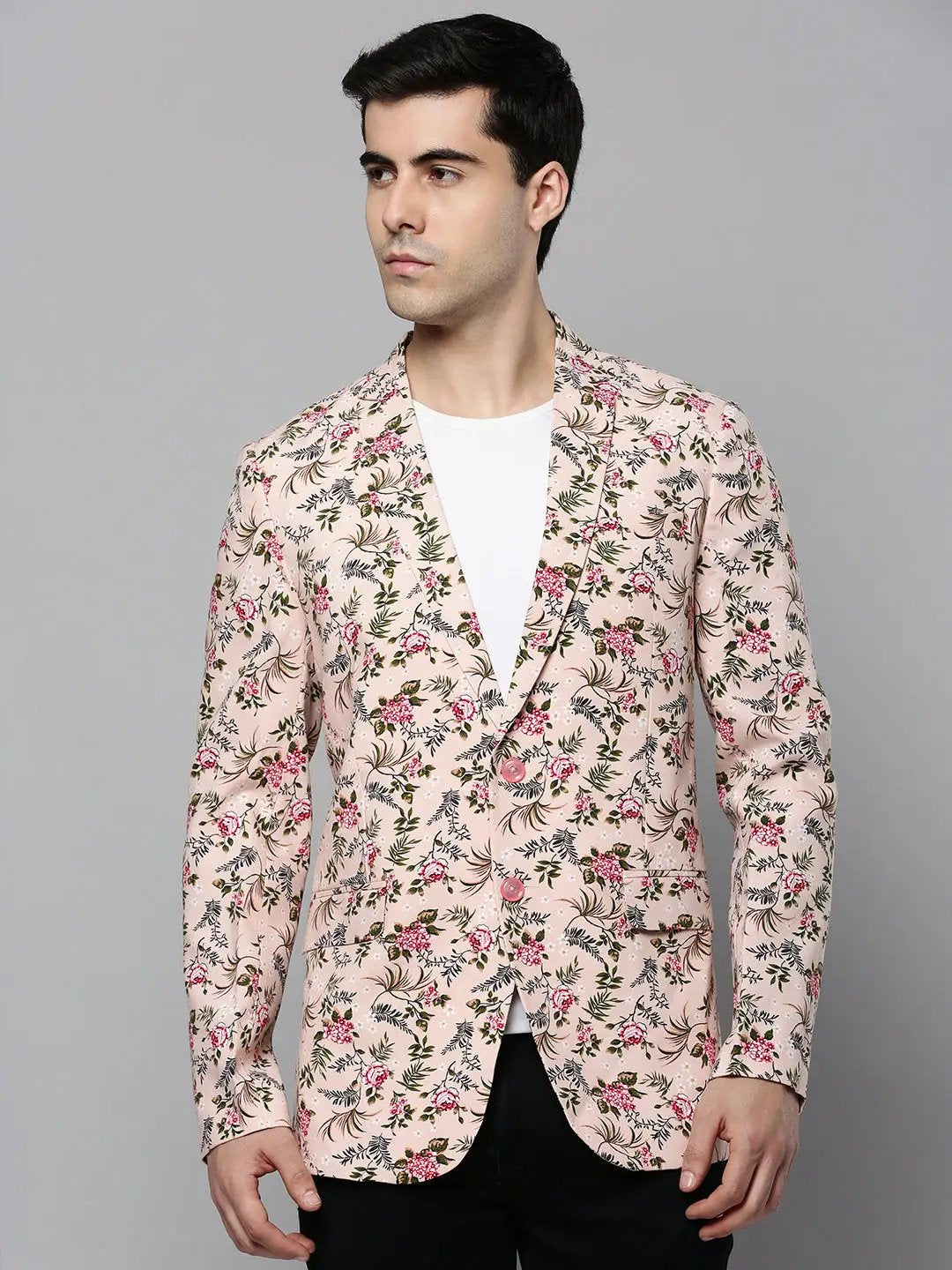 Men's Peach Floral Printed Slim-Fit Single-Breasted Blazer