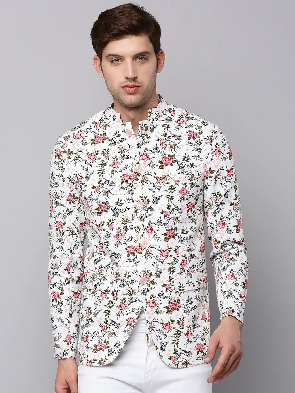 Men's White Printed Slim-Fit Bandhgala Blazer