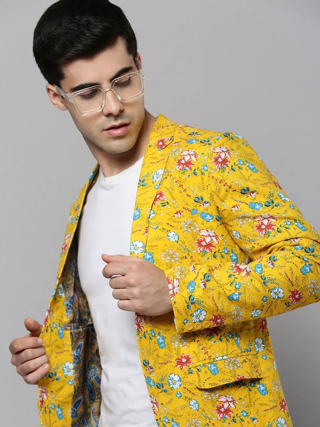 Men's Yellow Printed Single-Breasted Blazer