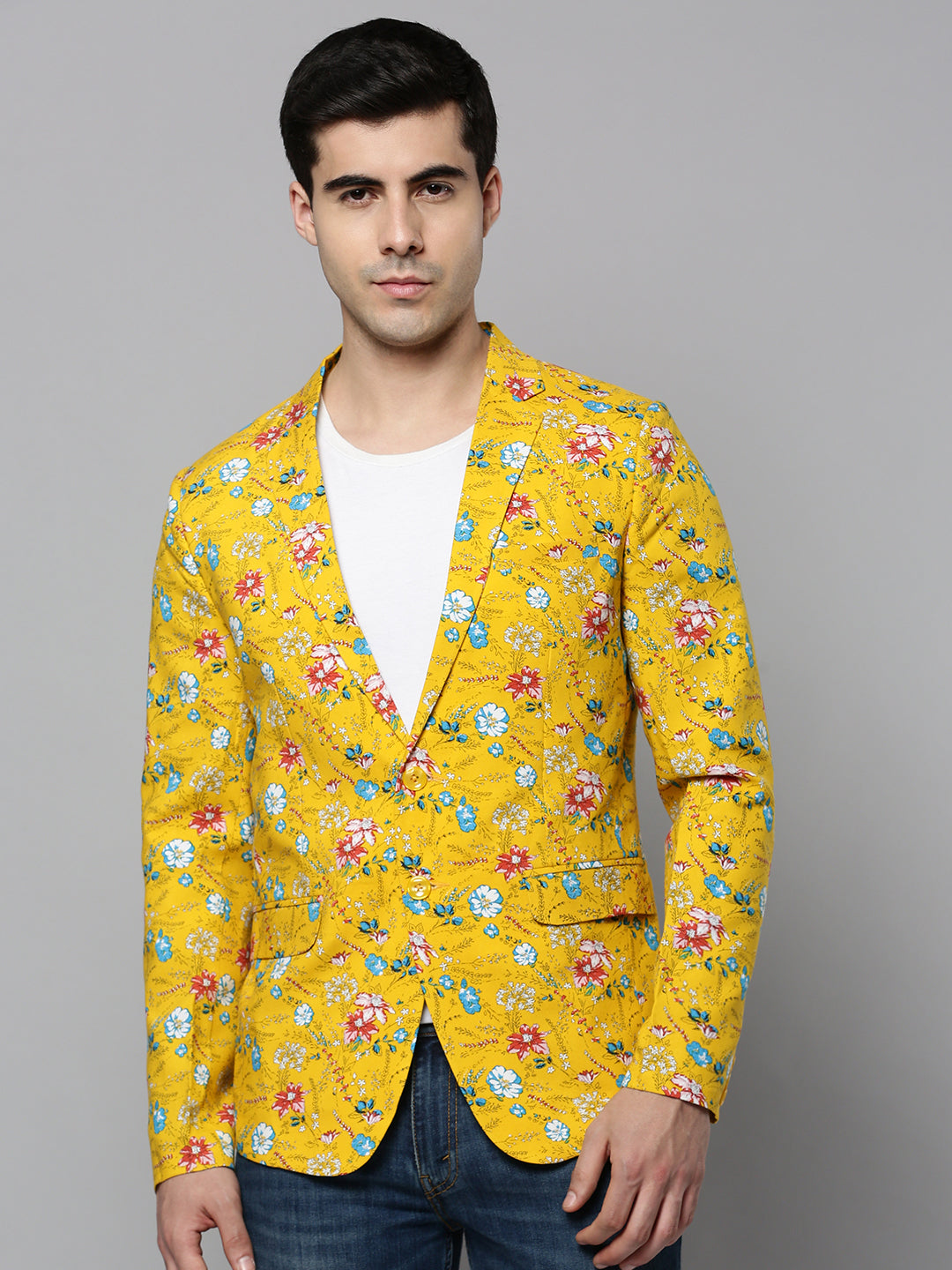Men's Yellow Printed Single-Breasted Blazer