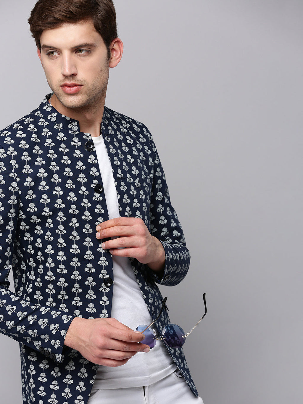 Men's Navy Blue Printed Slim Fit Bandhgala Blazer