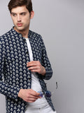 Men's Navy Blue Printed Slim Fit Bandhgala Blazer