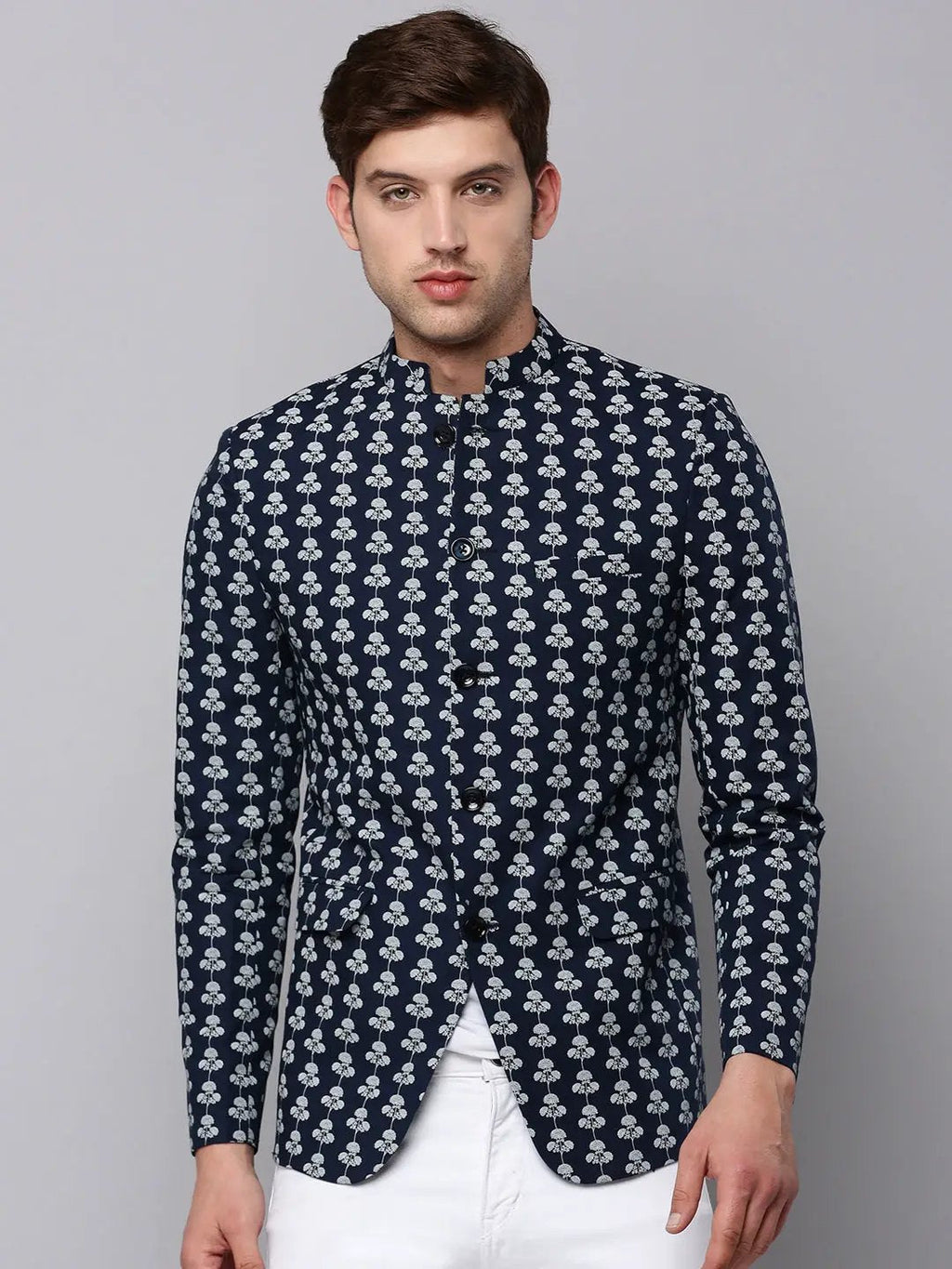 Men's Navy Blue Printed Slim Fit Bandhgala Blazer