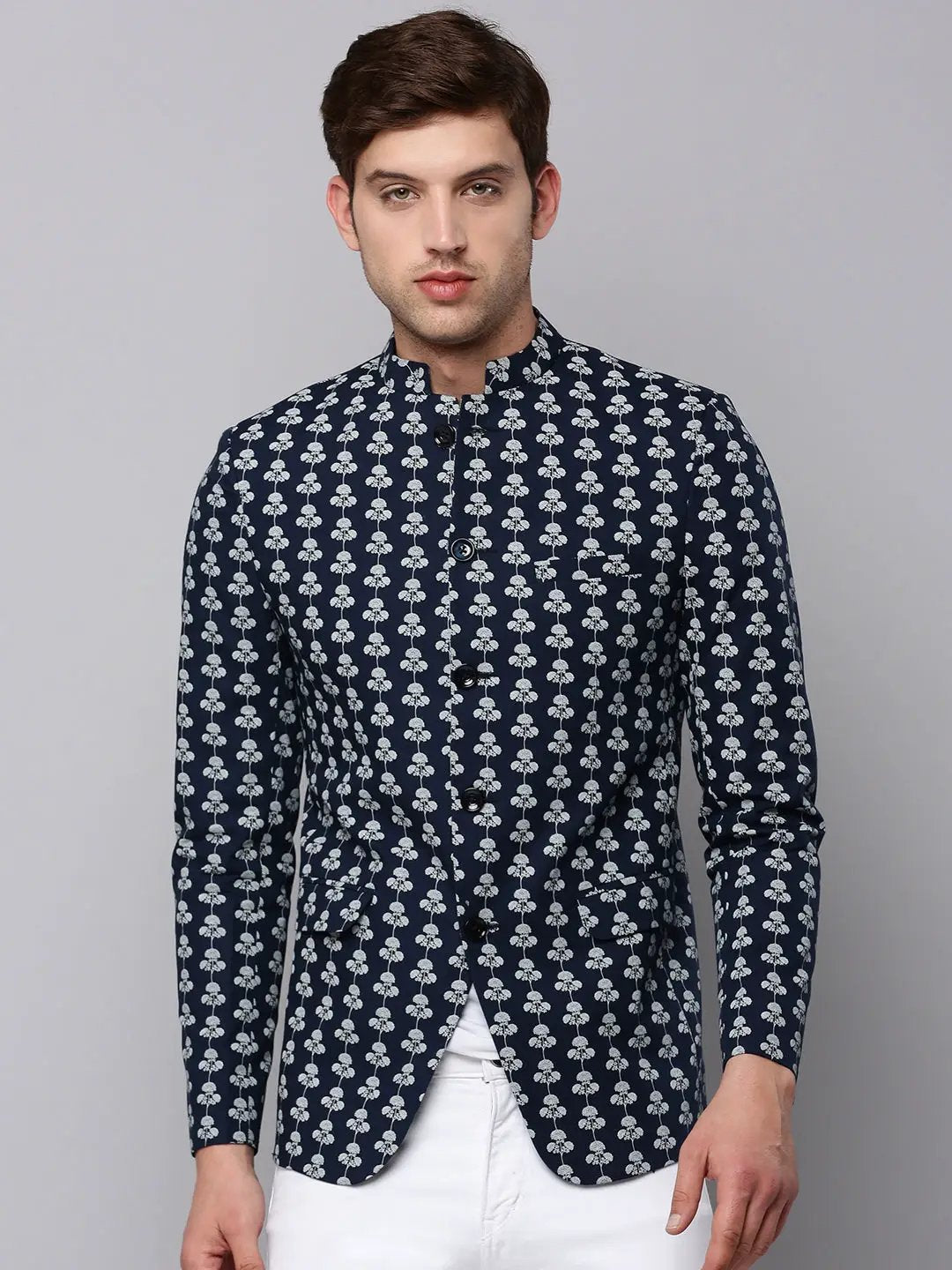 Men's Navy Blue Printed Slim Fit Bandhgala Blazer