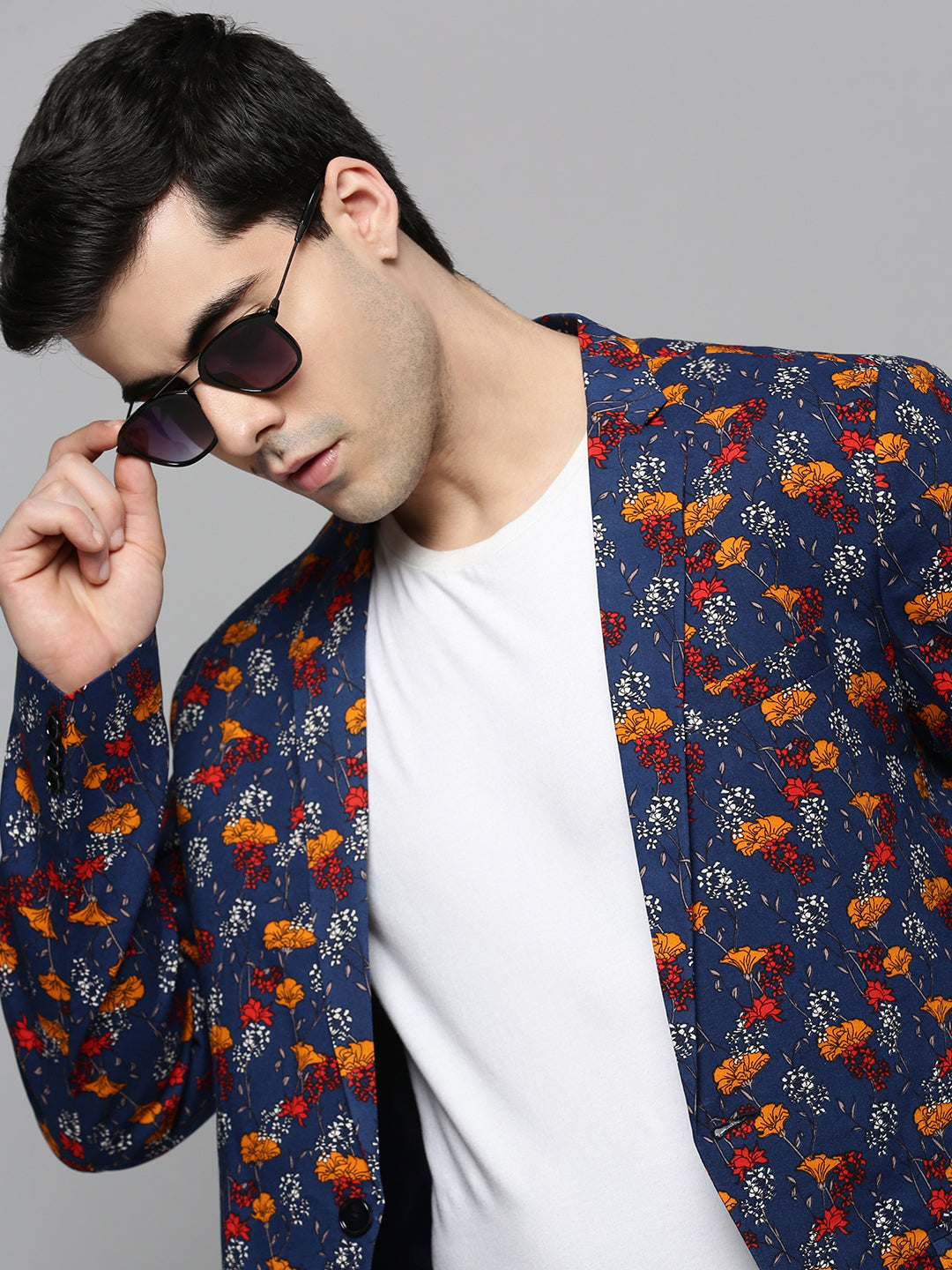 Men's Navy Blue Printed Slim-Fit Single-Breasted Blazer
