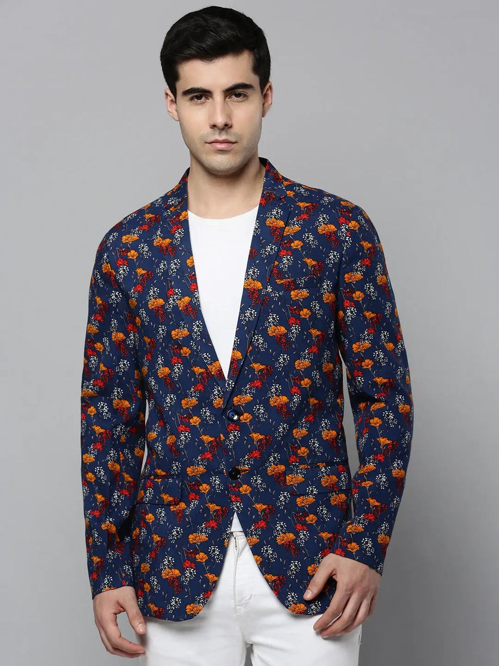 Men's Navy Blue Printed Slim-Fit Single-Breasted Blazer