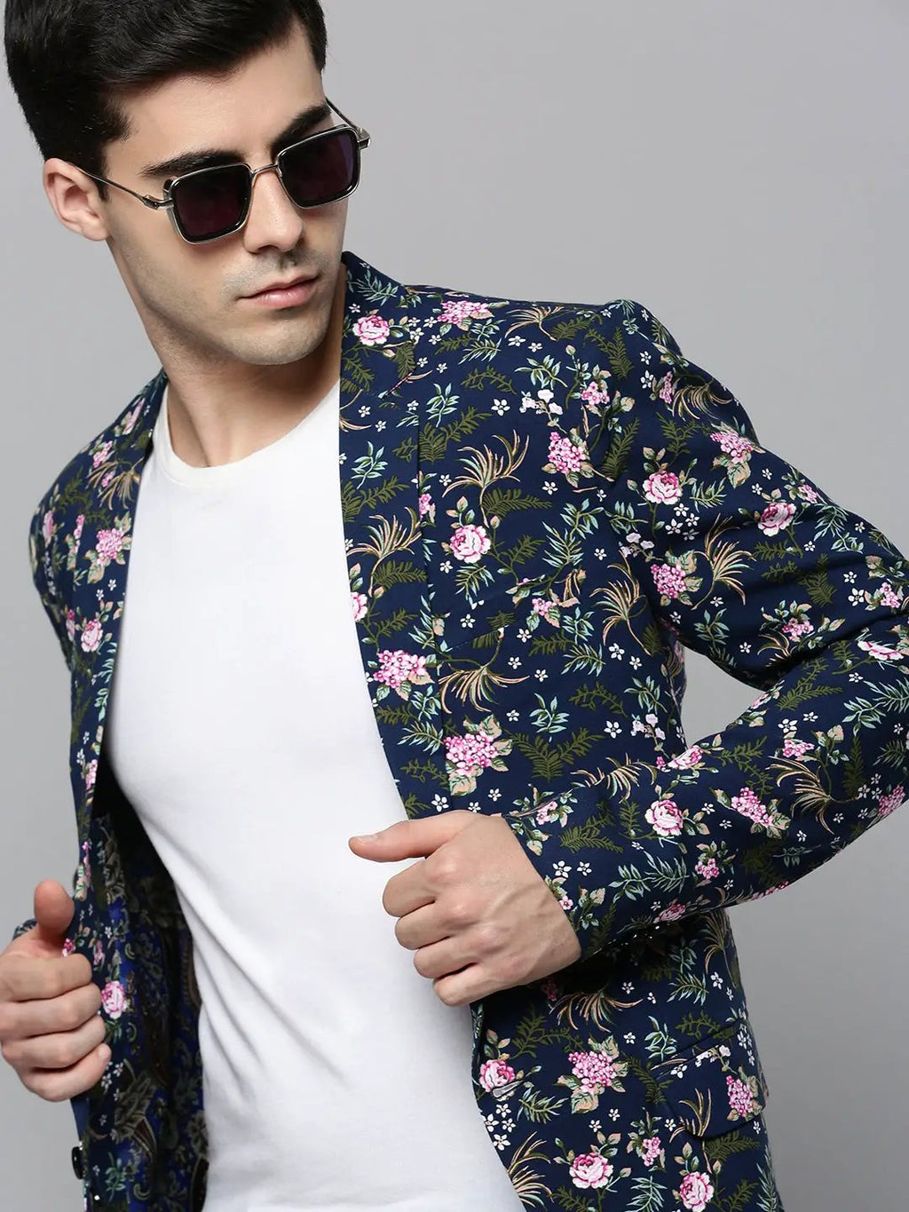 Men's Navy Blue Printed Single-Breasted Slim-Fit Blazer