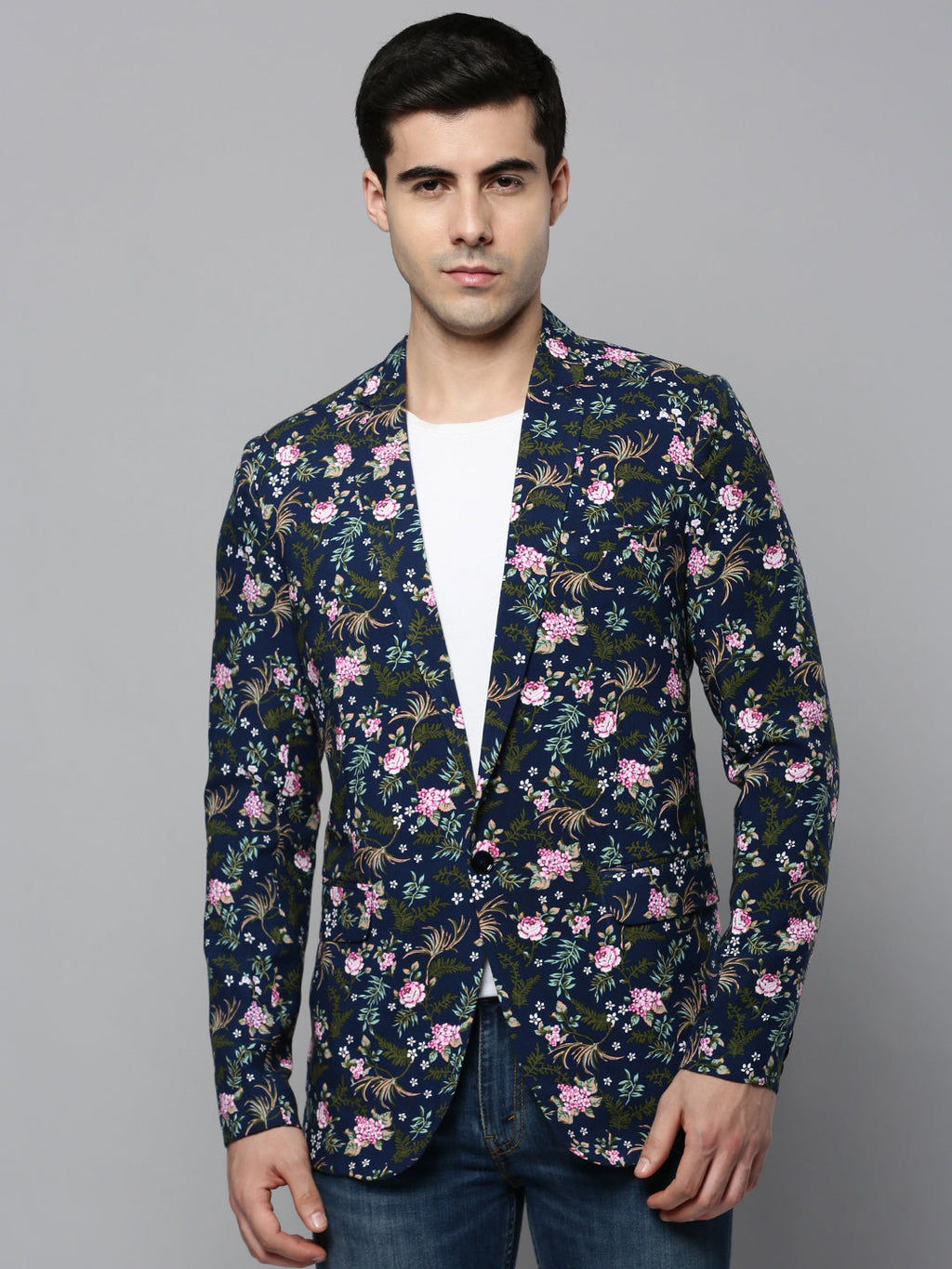 Men's Navy Blue Printed Single-Breasted Slim-Fit Blazer