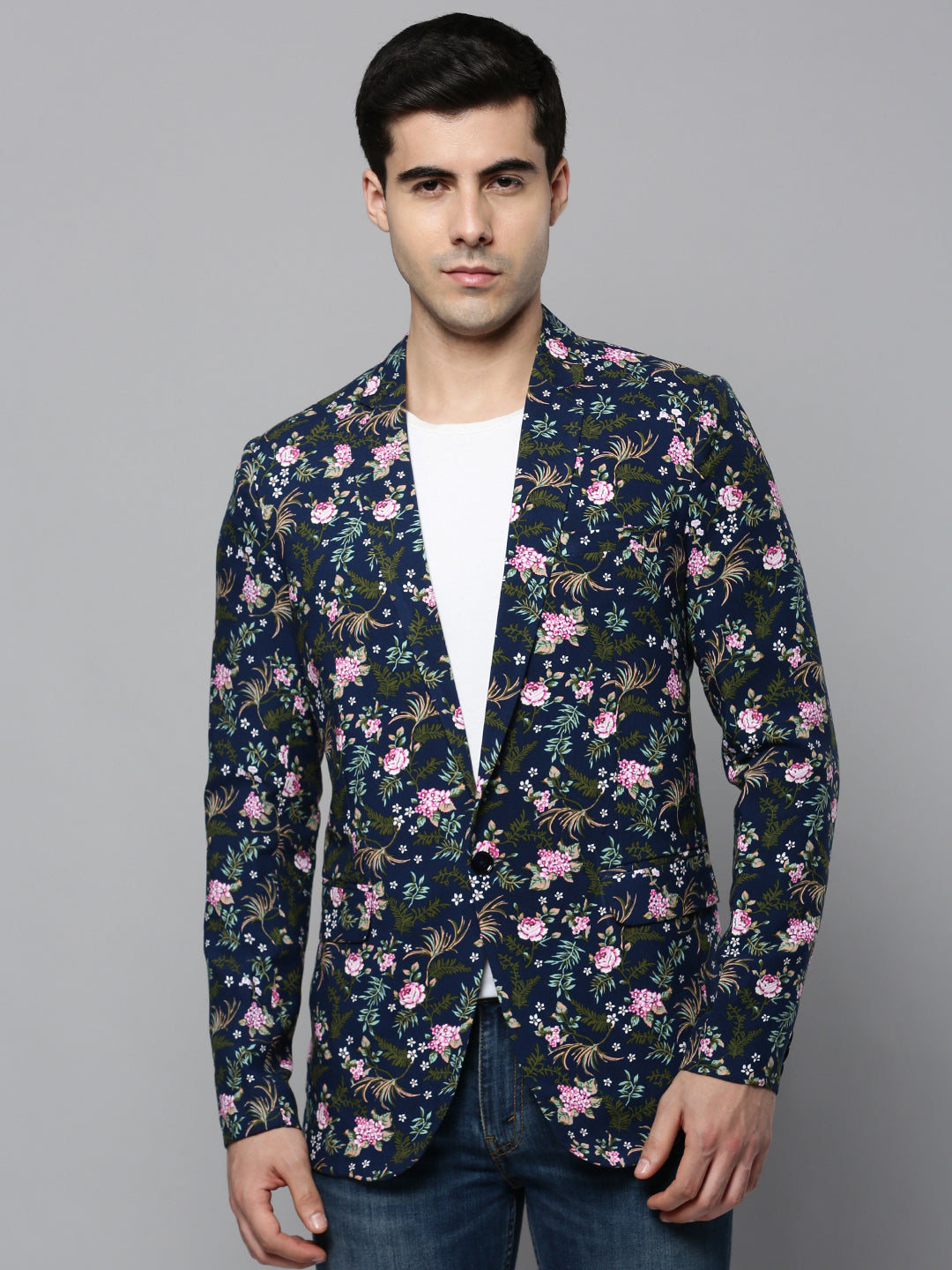 Men's Navy Blue Printed Single-Breasted Slim-Fit Blazer