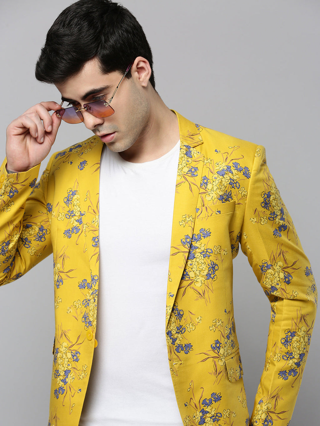 Men's Yellow Printed Single-Breasted Blazer