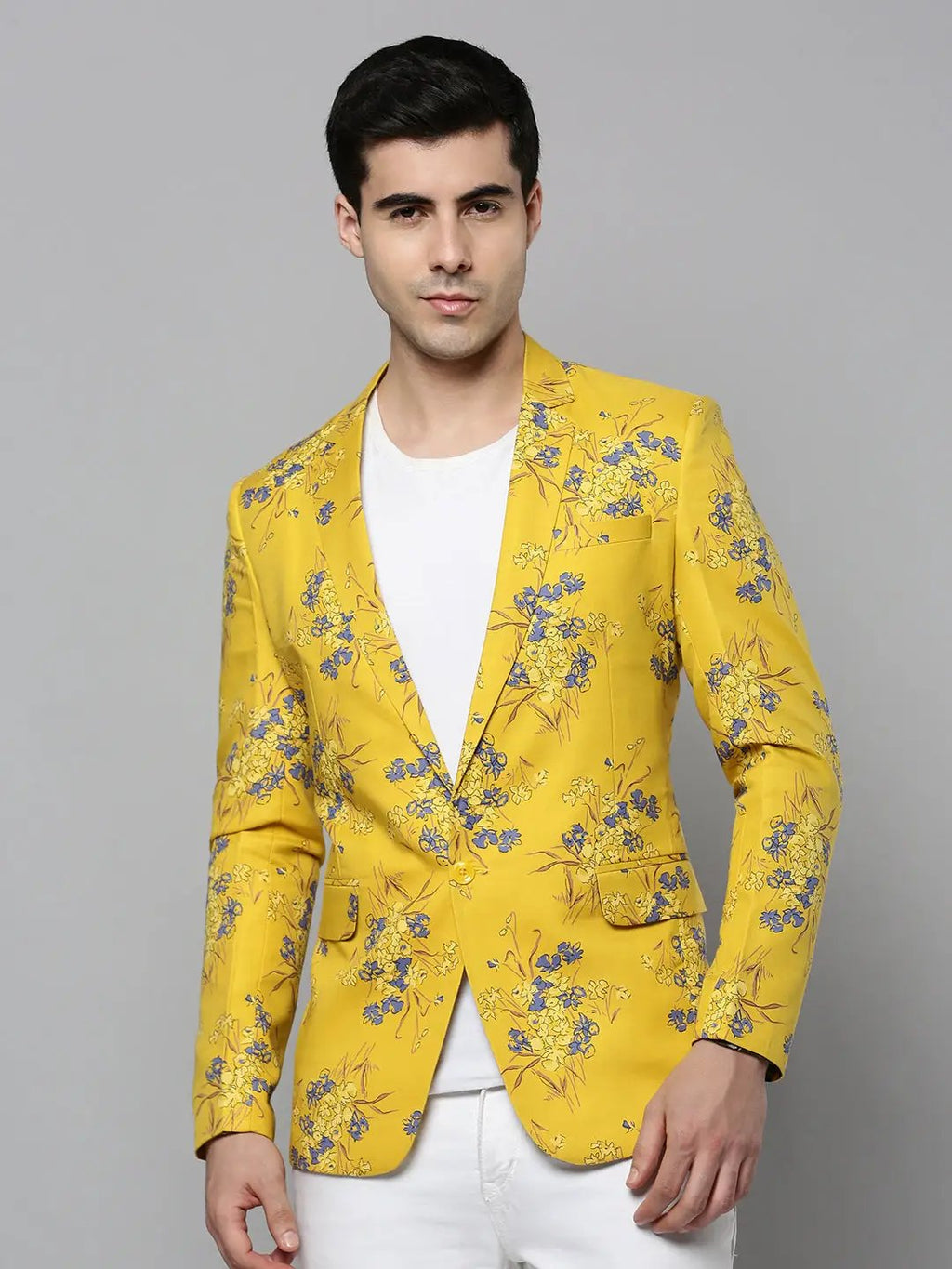 Men's Yellow Printed Single-Breasted Blazer