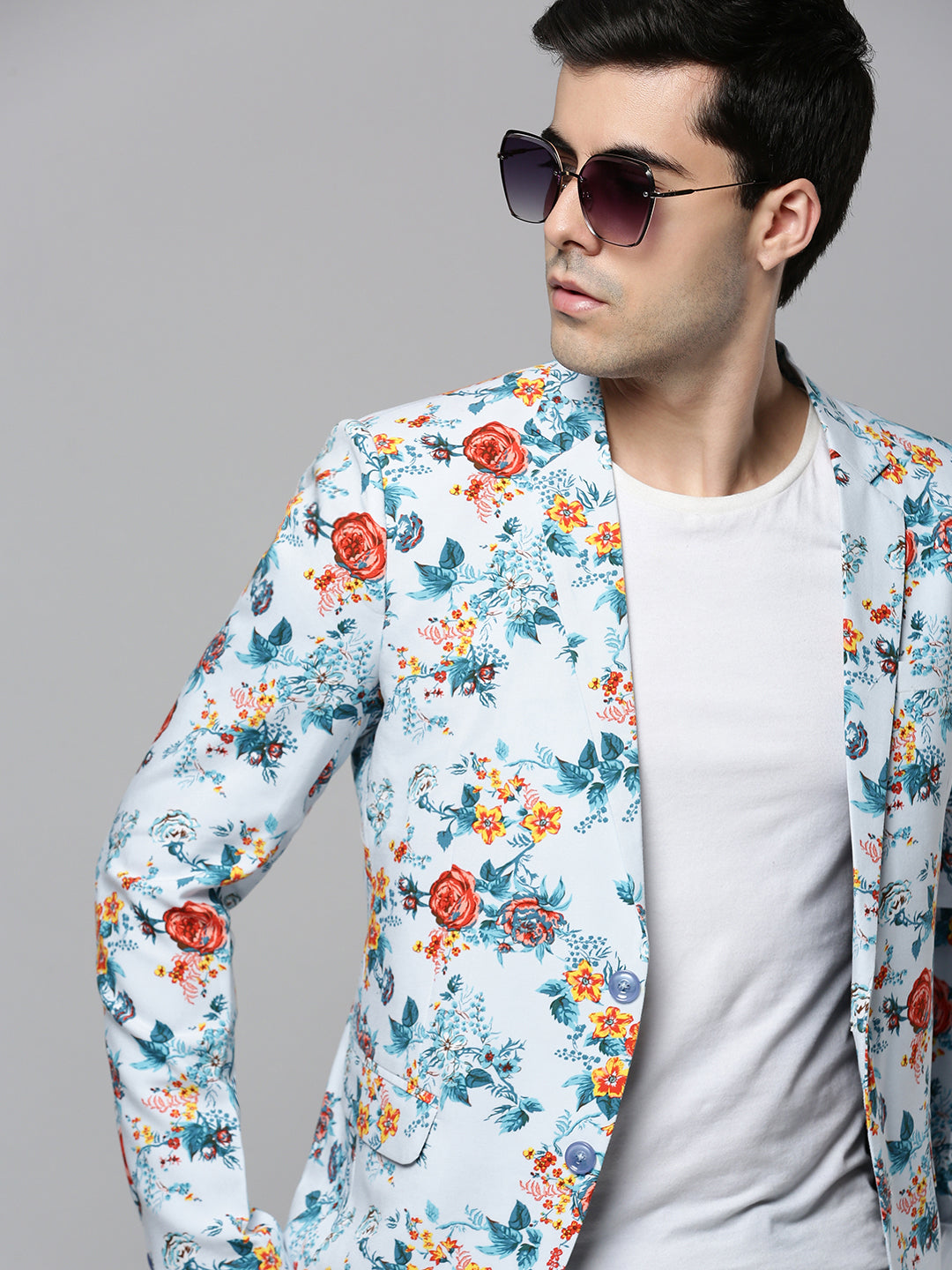 Men's Blue Printed Single-Breasted Blazer