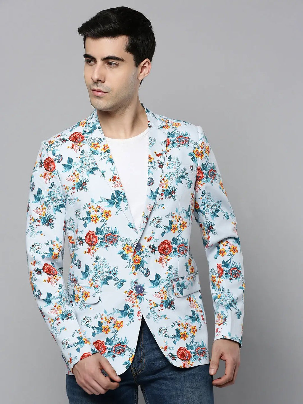 Men's Blue Printed Single-Breasted Blazer