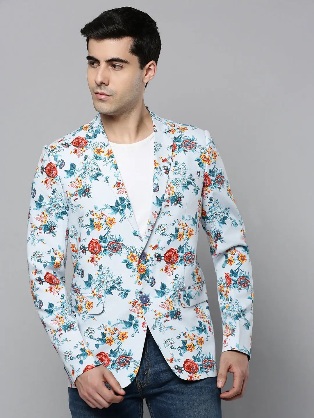Men's Blue Printed Single-Breasted Blazer