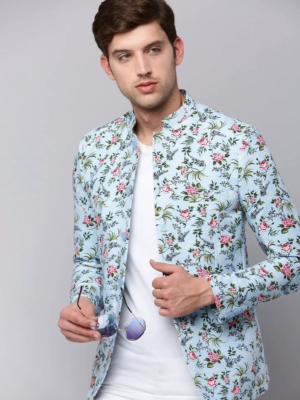 Men's Blue Floral Printed Slim-Fit Bandhgala Blazer