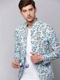 Men's Blue Floral Printed Slim-Fit Bandhgala Blazer