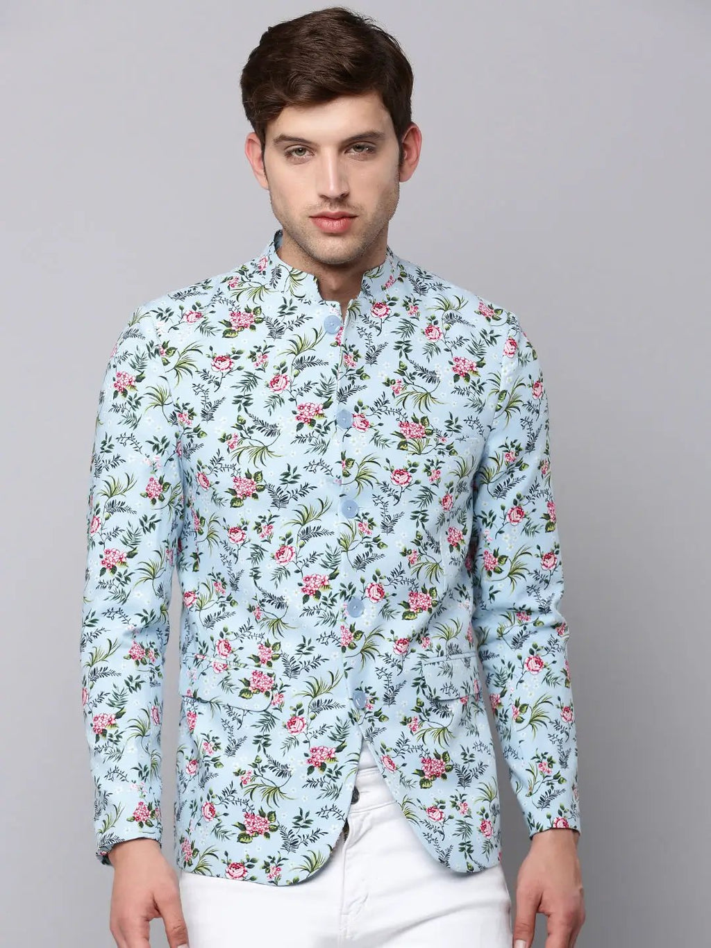 Men's Blue Floral Printed Slim-Fit Bandhgala Blazer