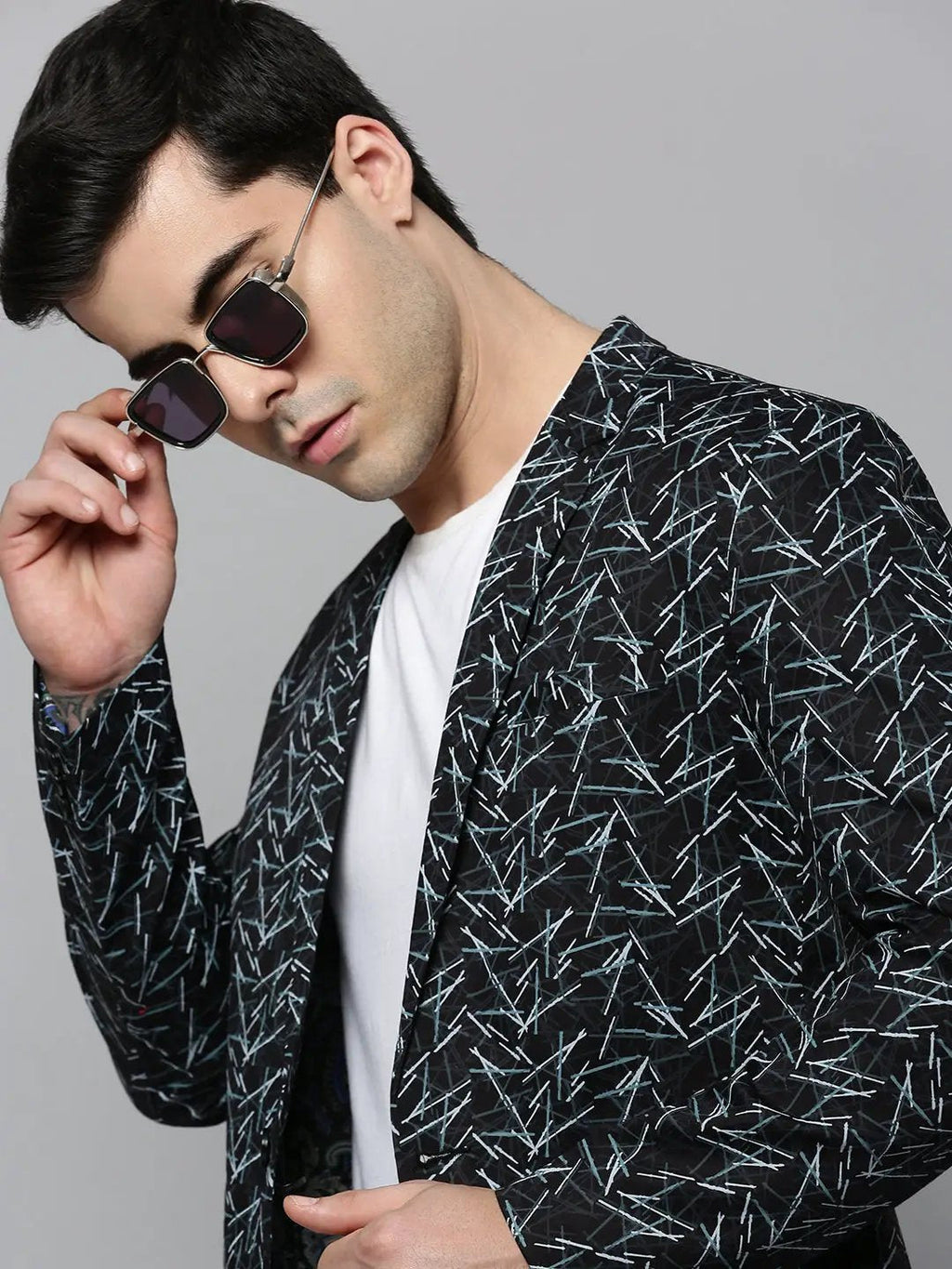 Men's Black Printed Single-Breasted Slim-Fit Blazer