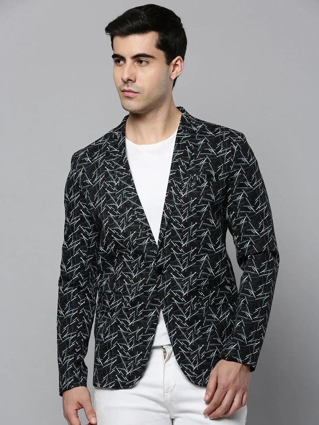 Men's Black Printed Single-Breasted Slim-Fit Blazer