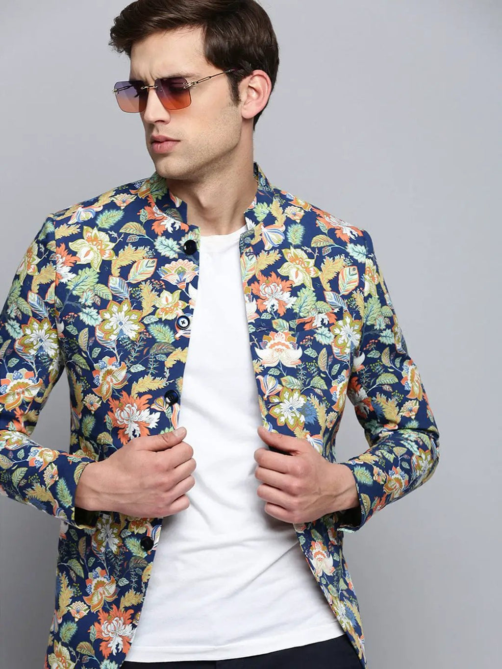 Men's Mandarin Collar Printed Blue Blazer