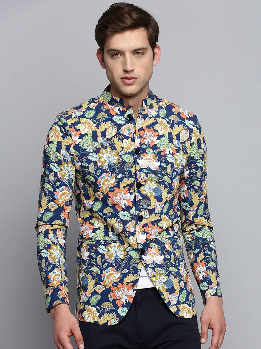 Men's Mandarin Collar Printed Blue Blazer