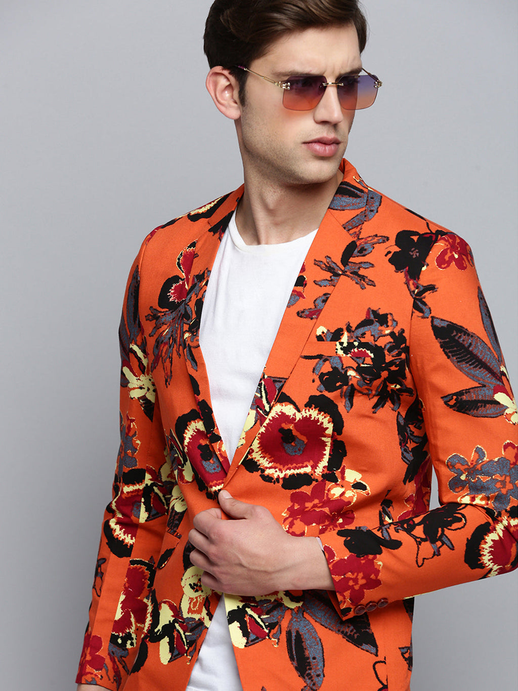 Men's Orange Printed Single Breasted Blazer
