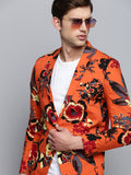 Men's Orange Printed Single Breasted Blazer