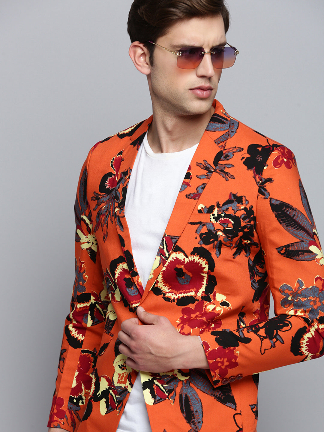 Men's Orange Printed Single Breasted Blazer