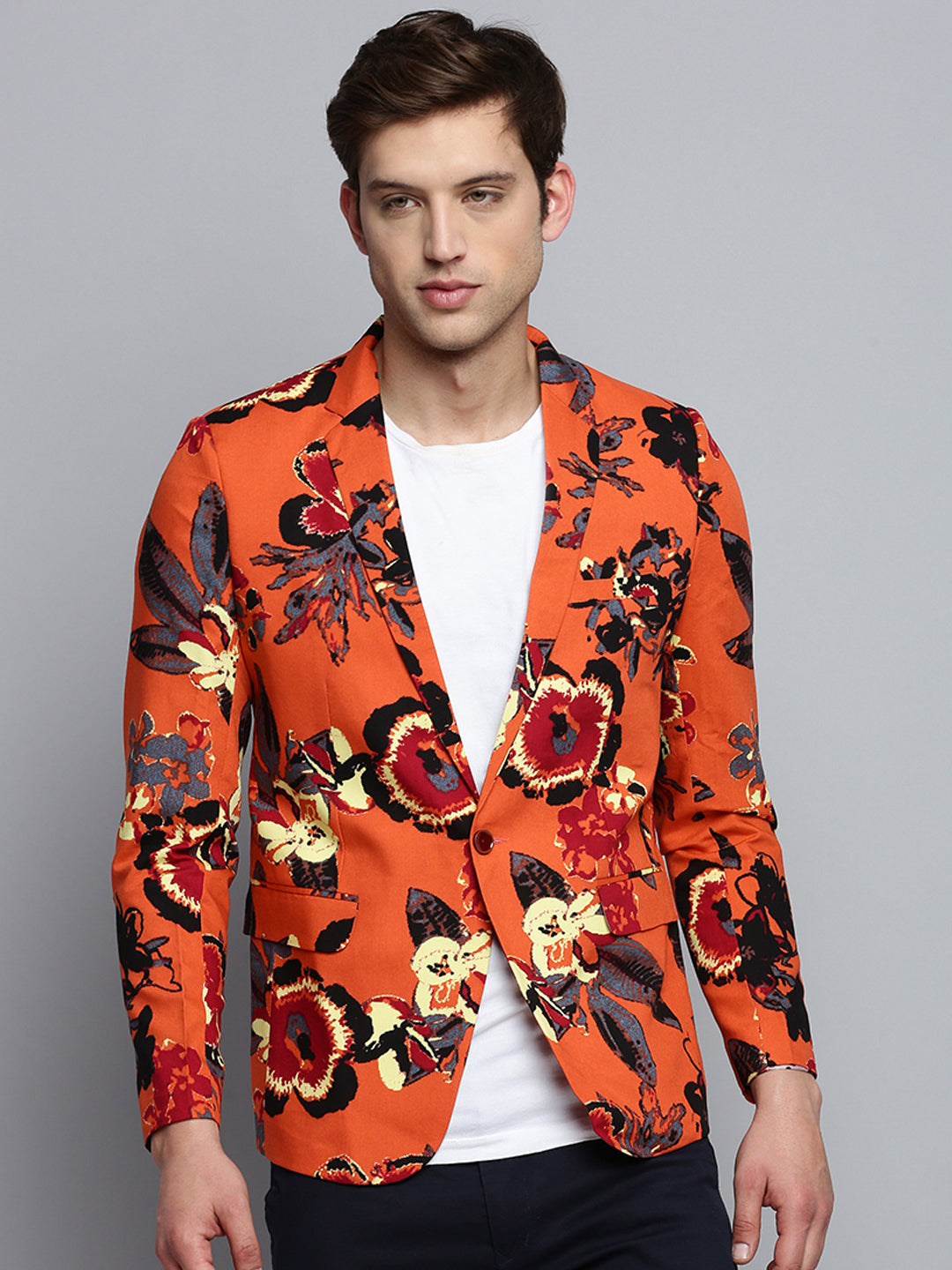 Men's Orange Printed Single Breasted Blazer