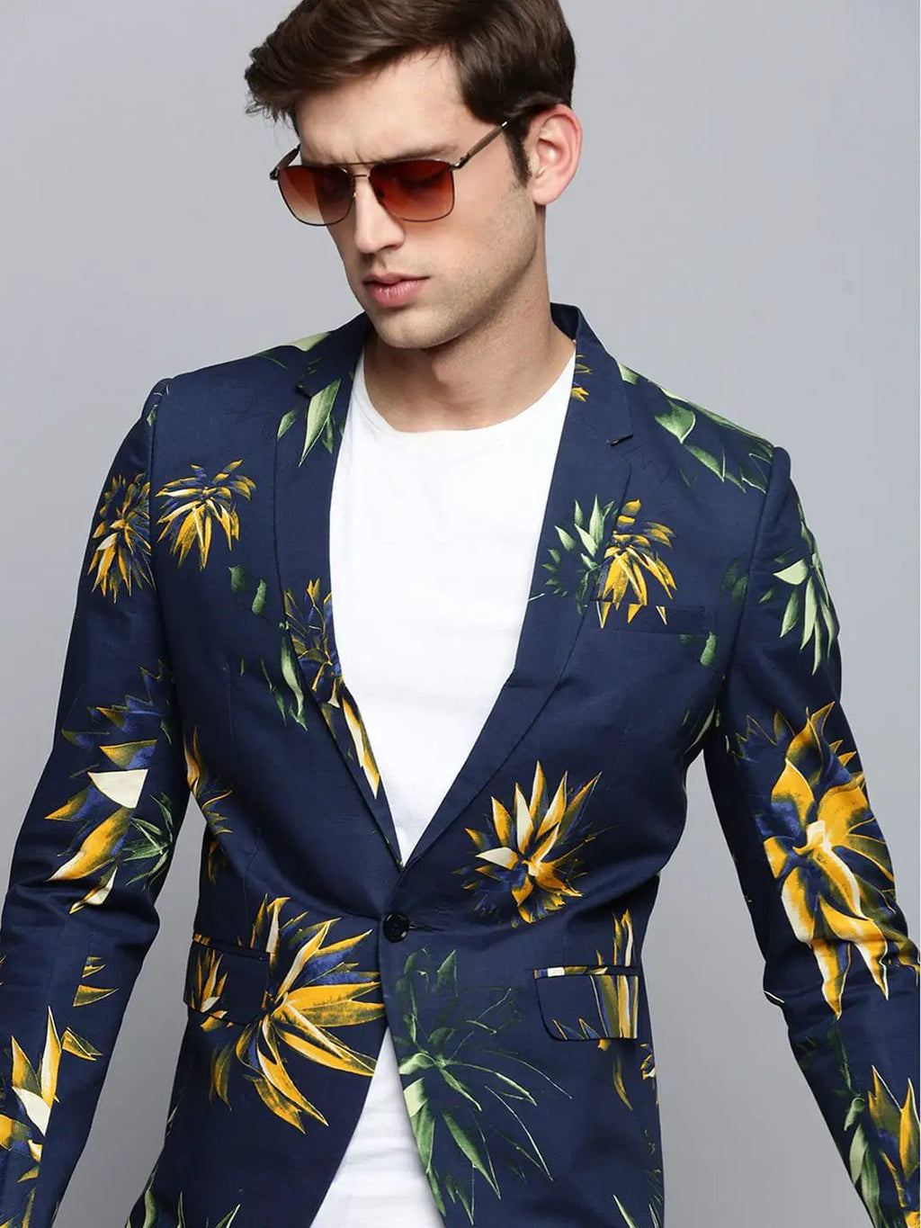 Men's Notched Lapel Printed Navy Blue Blazer