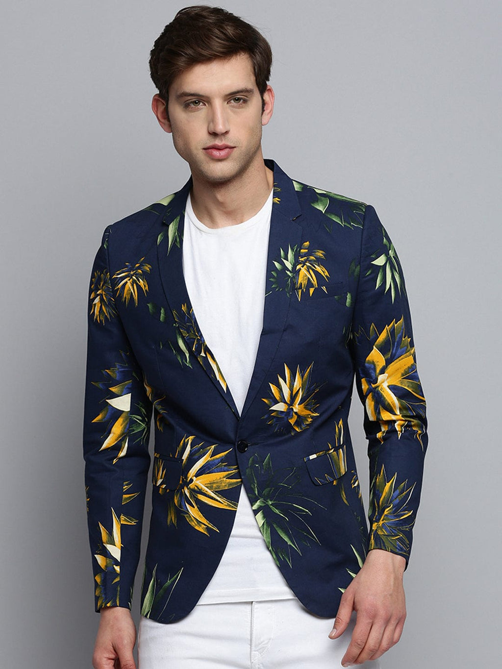 Men's Notched Lapel Printed Navy Blue Blazer