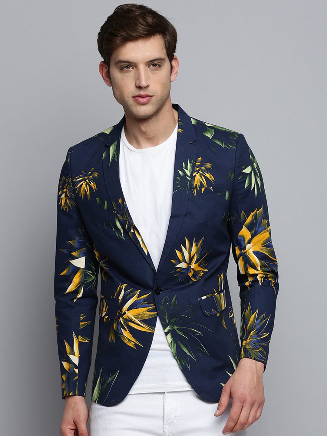 Men's Notched Lapel Printed Navy Blue Blazer